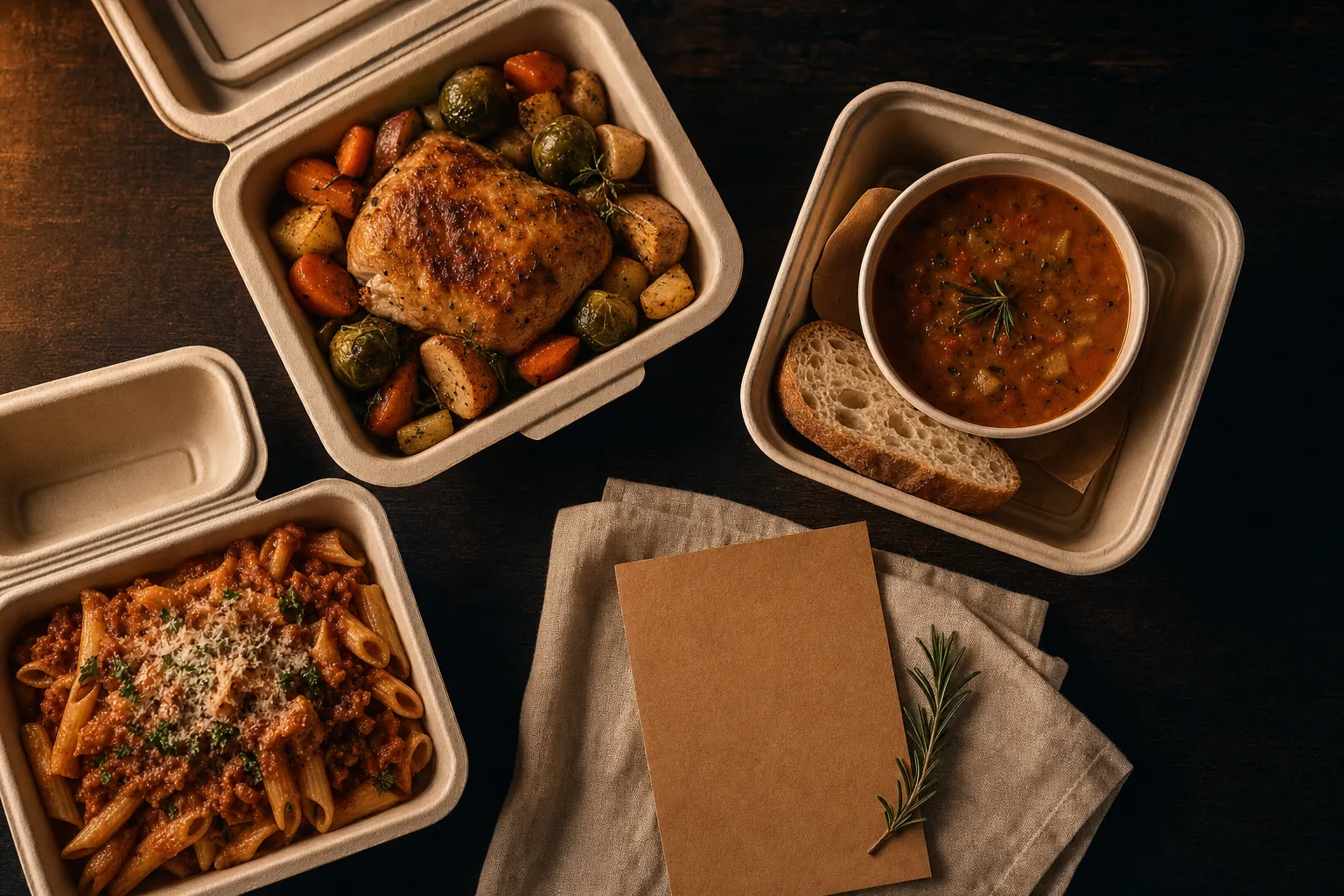 Three home-style prepared meals in cream takeout containers beside a handwritten card.