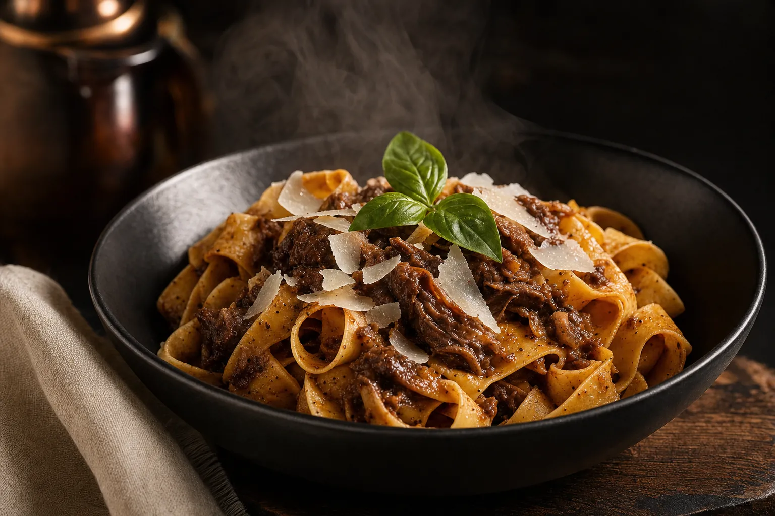 A bowl of handmade pappardelle with slow-braised short rib ragu and shaved parmesan.
